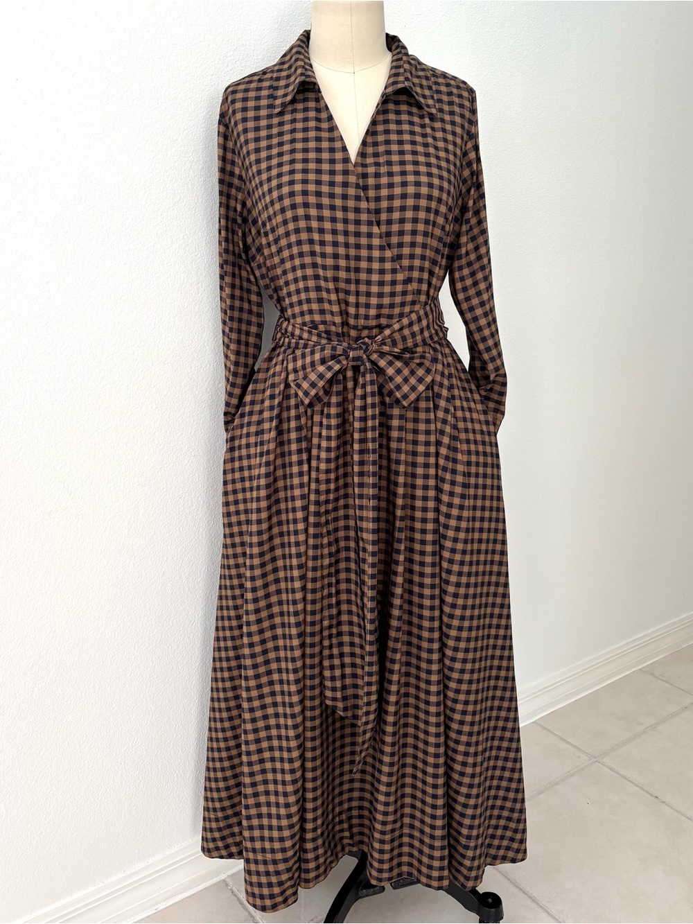 Zara ZW Collection Plaid Midi Shirt Dress NWT Navy Tan Long Sleeves L - Picture 2 of 8